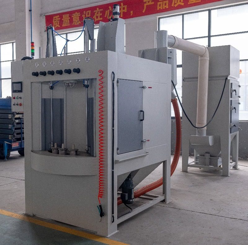 Automatic Rotary Blasting Machine with Safety Interlocks | ISO-Certified Surface Treatment System Rotary turntable sandblast equipment with quality control banner and pneumatic controls - batch processing solution for uniform surface finishing.