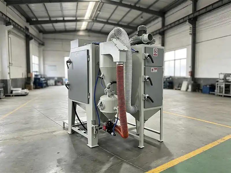 Side view of TS1212 suction blasting cabinet with ergonomic workspace and dust collection system.