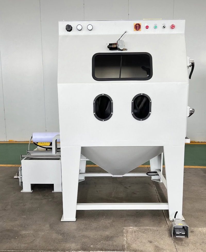 Heavy-Duty Wet Blasting Machine with Safety Controls | Industrial Surface Cleaning Equipment Industrial-grade wet blasting machine with emergency stop controls, viewing window, and foot pedal operation - ideal for rust removal and surface preparation in manufacturing facilities.