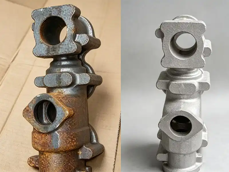Cast iron hydraulic valve rust removal before and after sandblasting with suction blasting cabinet