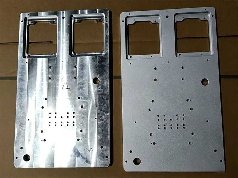 CNC machined aluminum panel before and after sandblasting in suction blasting cabinet