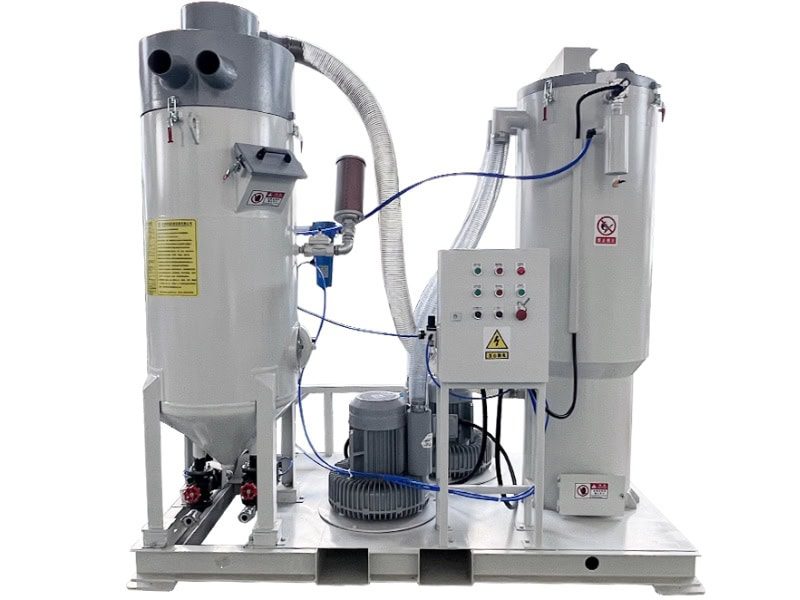 TS-300L automatic recycling sandblaster with dual cylindrical tanks, connecting pipes, control panel, and industrial white/grey design.