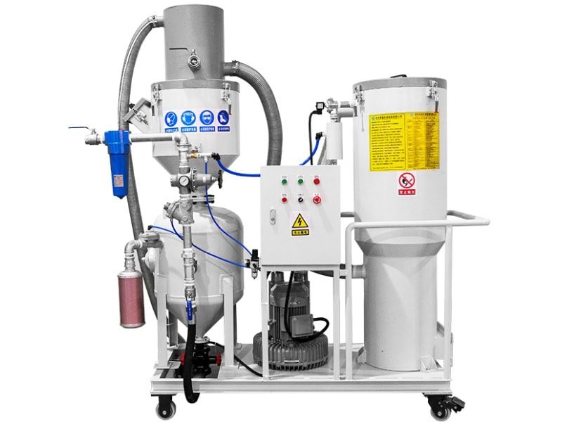 Industrial TS-150L processing unit with white body, black wheels, blue components, silver pipes/valves, and yellow warning labels.
