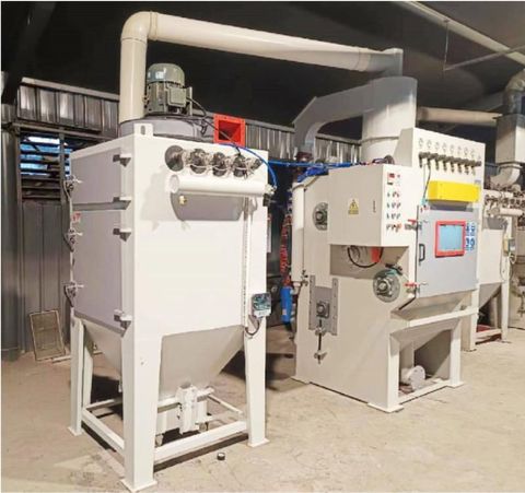 Rubber belt tumble blasting system with conical debris hopper and airless technology - eco-friendly abrasive recycling for automotive parts.