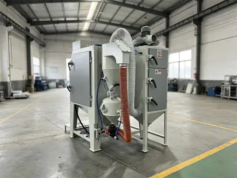 Side view of TS1212 suction blasting cabinet with ergonomic workspace and dust collection system.
