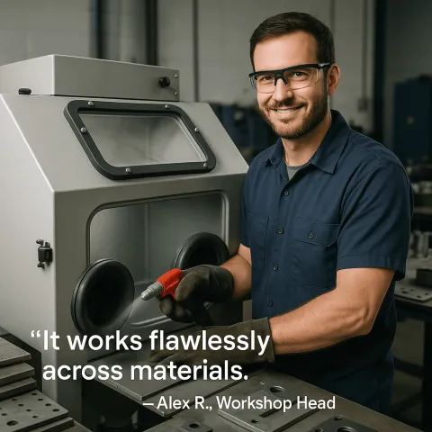 An operator at Jiangyin Quanhua Feng Forging using a Taisheng tumble belt shot blasting machine to clean forged metal parts in an industrial environment.