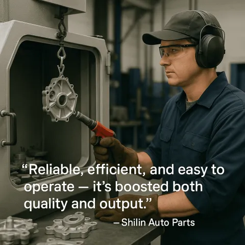 Shilin Auto Parts technician operating a hook-type shot blasting machine from Taisheng Machinery, processing aluminum die-cast components in a clean, modern workshop.