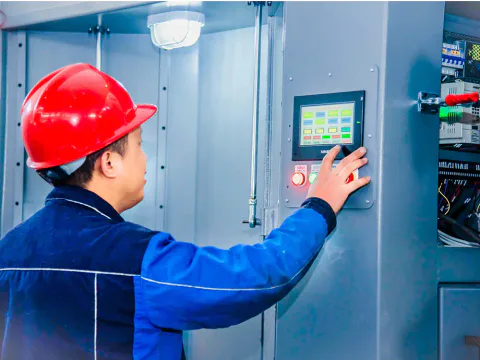 Technician testing PLC control panel on sandblasting equipment, free installation, fast after-sales support, quick response service