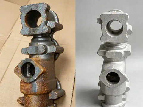 Cast iron hydraulic valve rust removal before and after sandblasting with suction blasting cabinet
