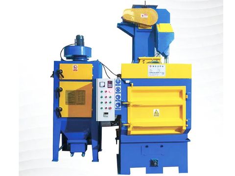 Blue and yellow tumble belt shot blasting machine with control panel for automatic surface treatment