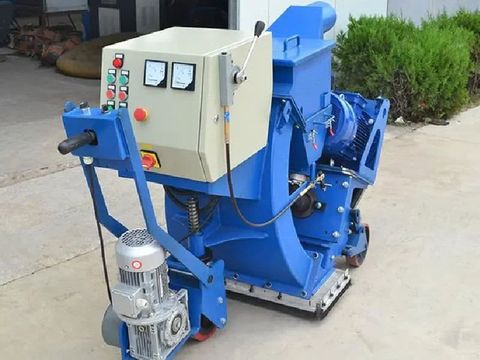 Blue and beige mobile shot blasting machine with control panel and wheels for concrete surface treatment